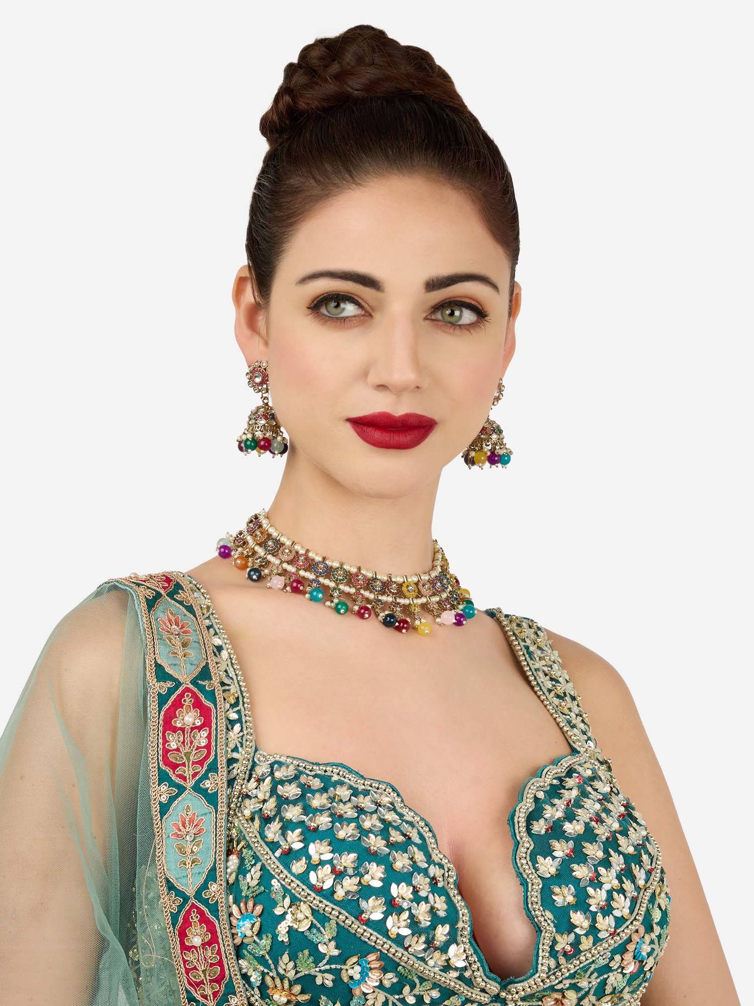 Zaveri Pearls Multicolor Stones Beads Antique Choker Necklace And Earring Set-Zpfk22101