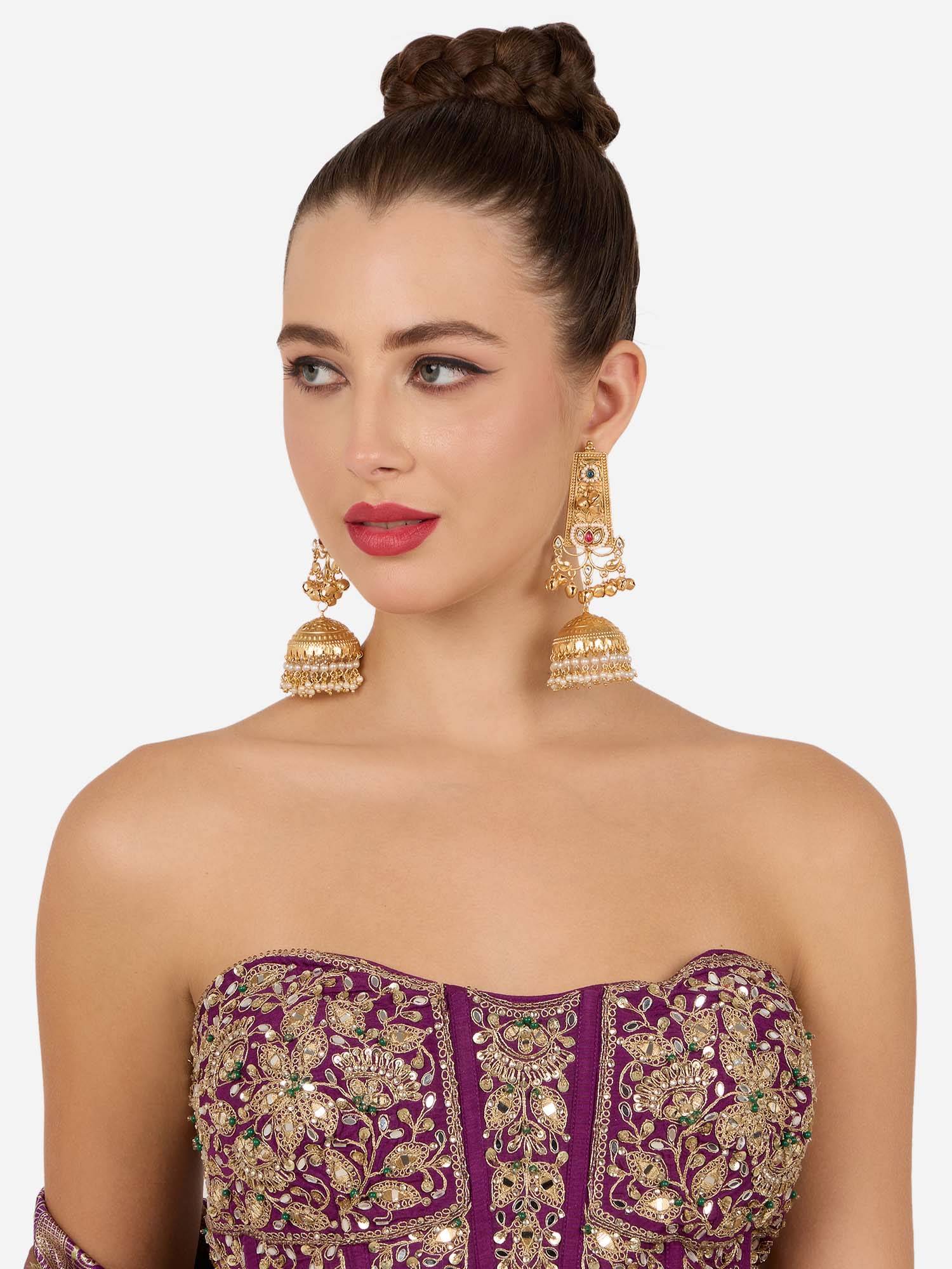 Zaveri Pearls Gold Tone Stones Ghungroo Pearls Statement Jhumka Earring-Zpfk22110