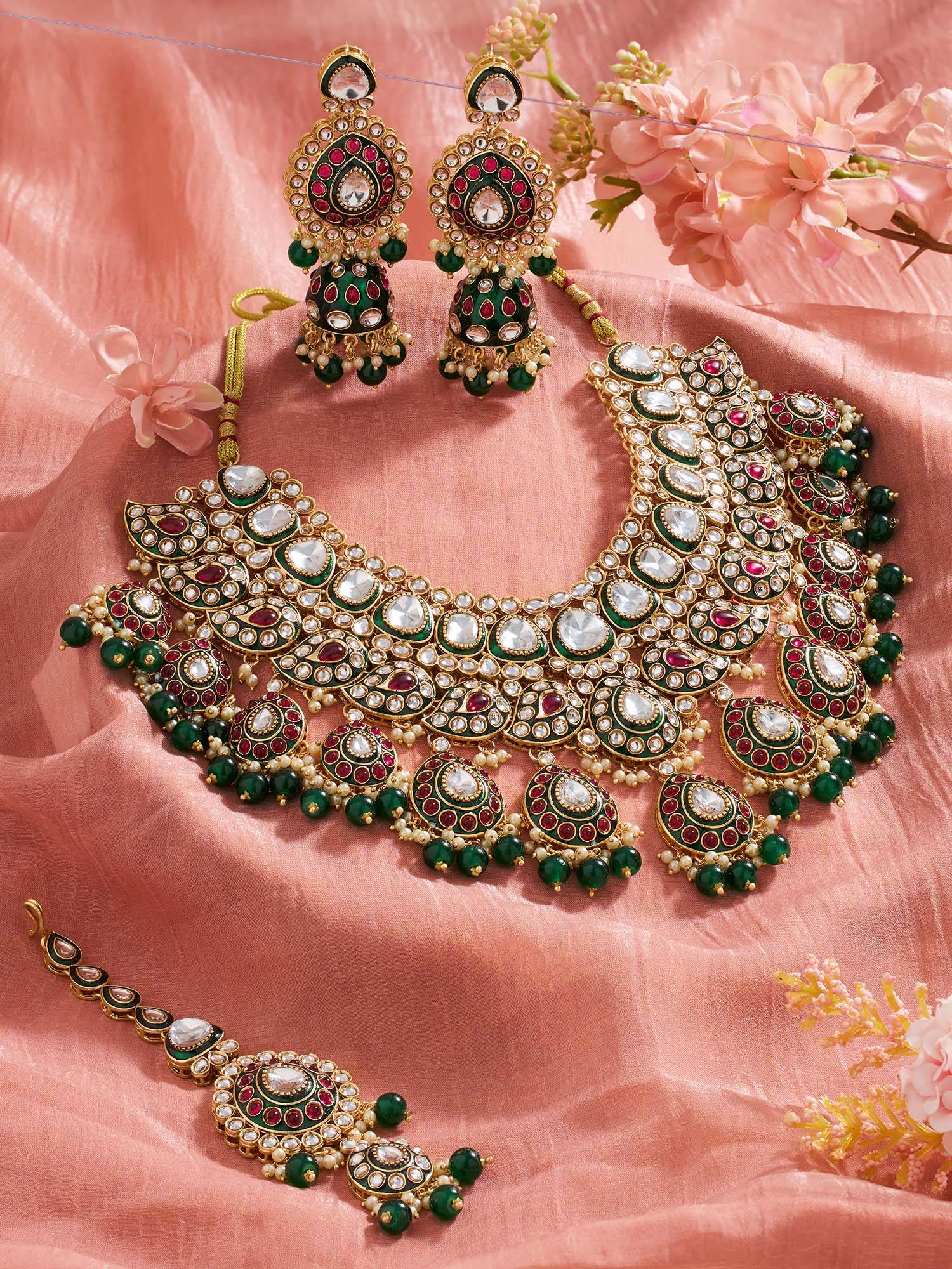 Zaveri Pearls Green Meenakari Bridal Necklace Earring And Maangtikka Set-Zpfk22118