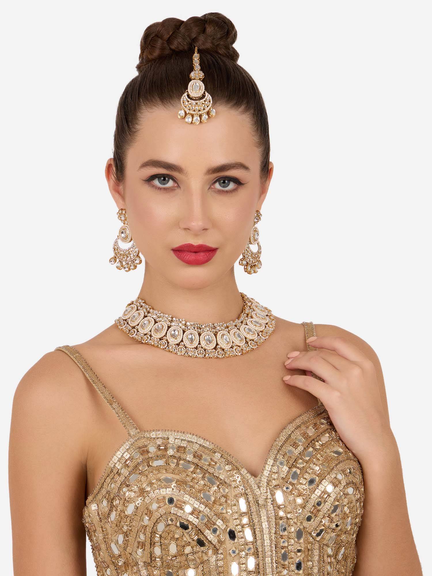 Zaveri Pearls Gold Tone White Stones Pearls Necklace Earring And Maangtikka Set-Zpfk22125