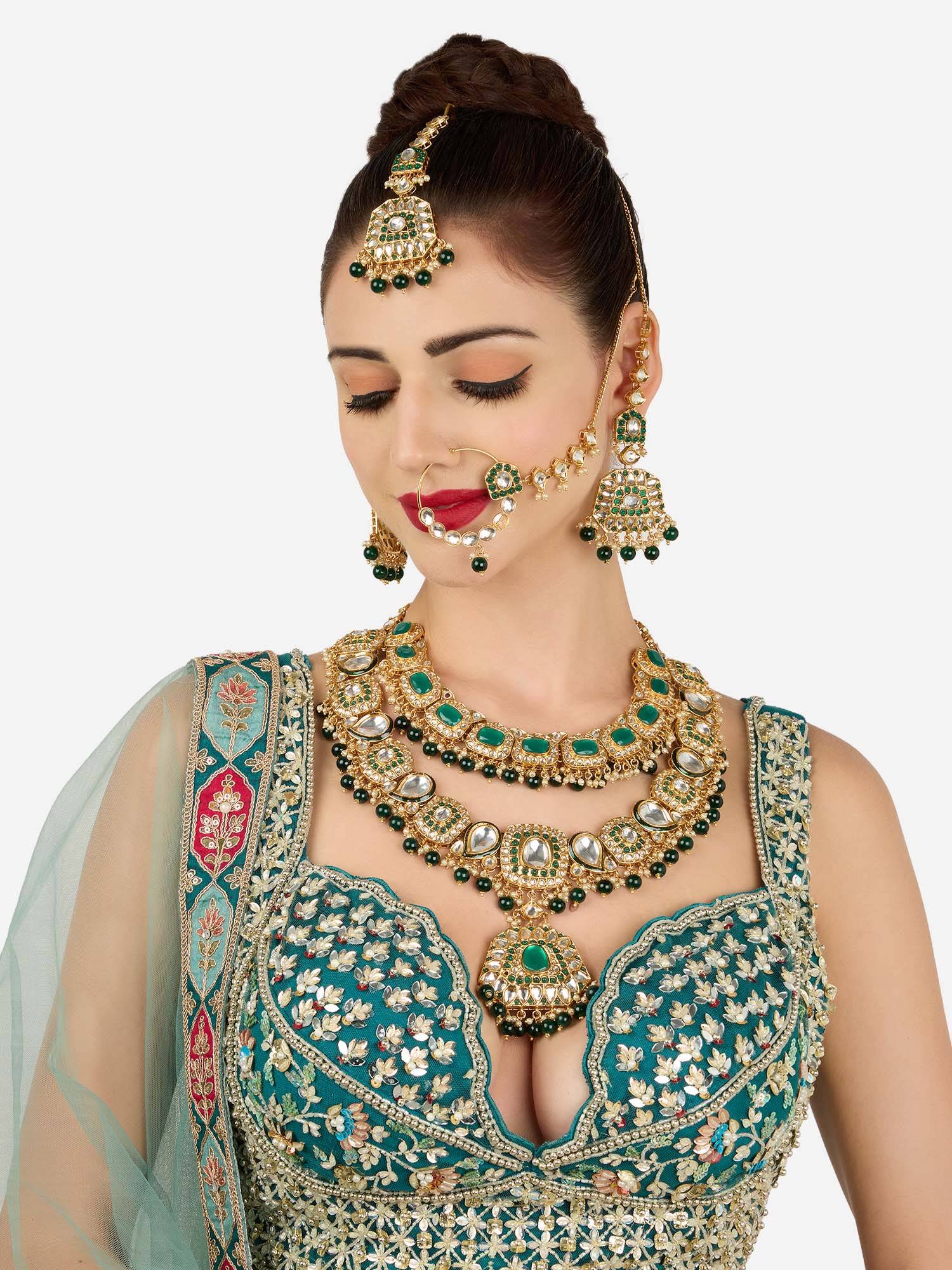 Zaveri Pearls Green Kundan Necklace Earring Maangtikka And Nose Ring Set-Zpfk22137
