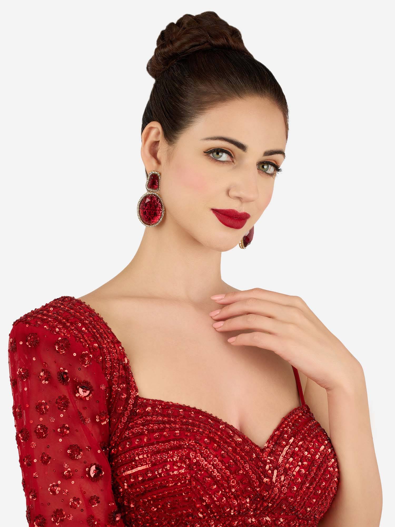 Zaveri Pearls Red Stones Austrian Diamonds Statement Dangler Earring-Zpfk22141