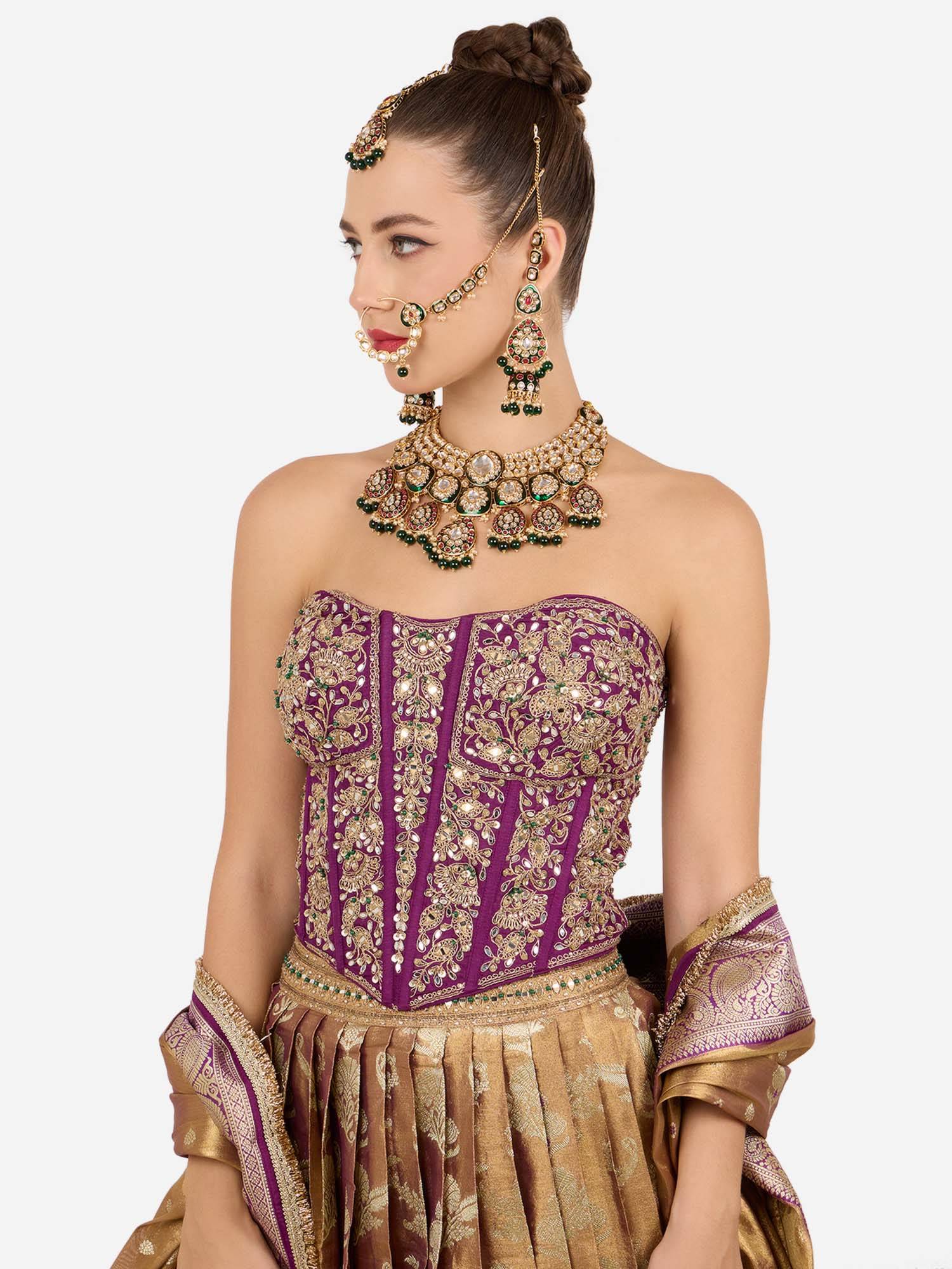 Zaveri Pearls Green Pink Meenakari Necklace Earring Maangtikka Nose-Ring-Zpfk22146