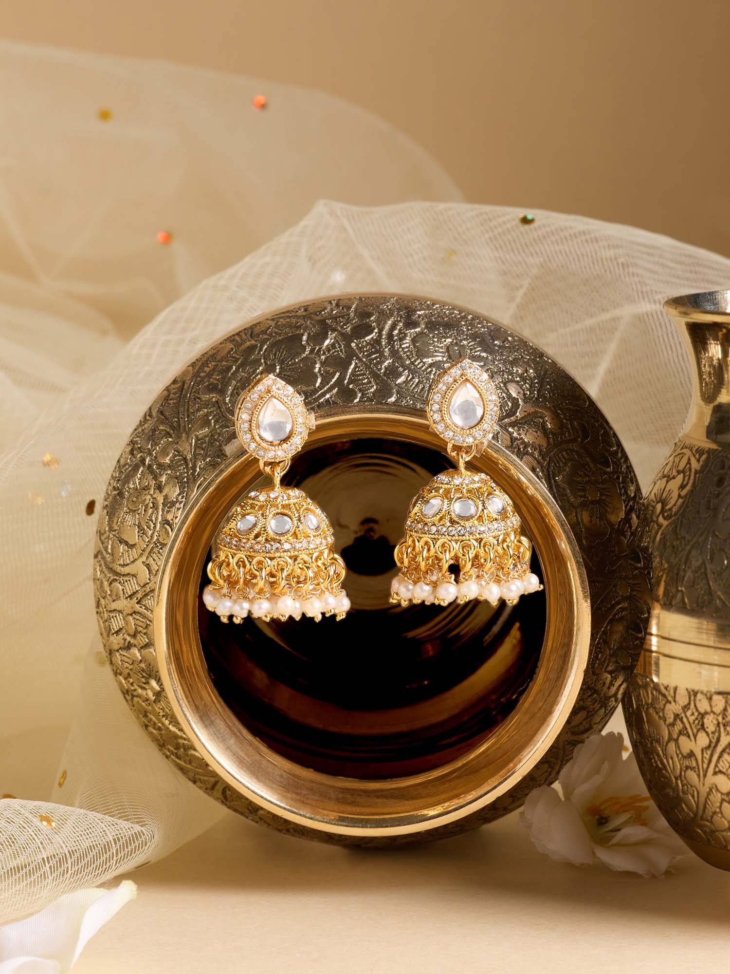 Zaveri Pearls Gold Tone Dazzling Stones Beads Ethnic Jhumka Earring-Zpfk22149