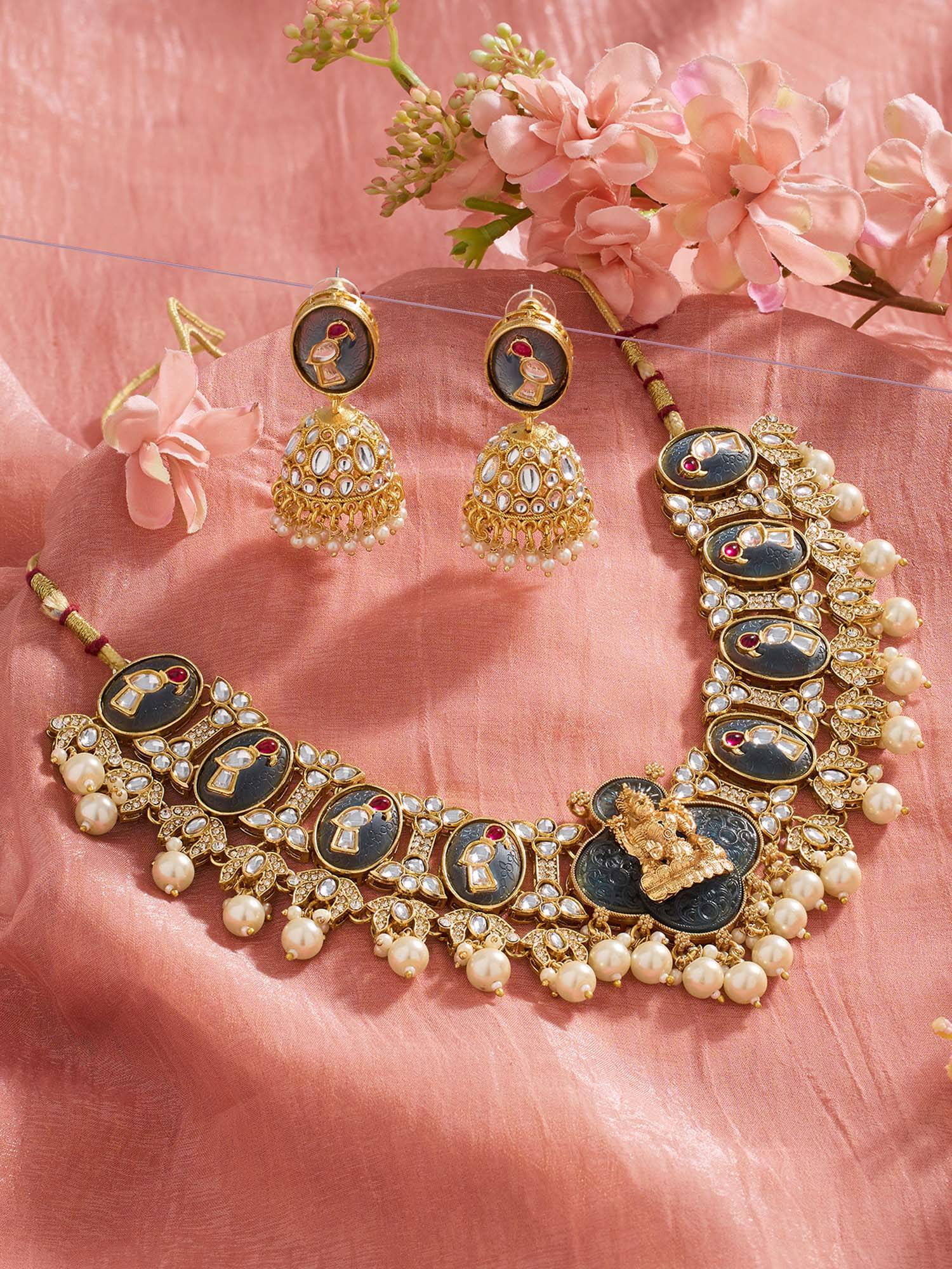Zaveri Pearls Grey Pink Parrot And Temple Inspired Necklace Earring Set-Zpfk22155