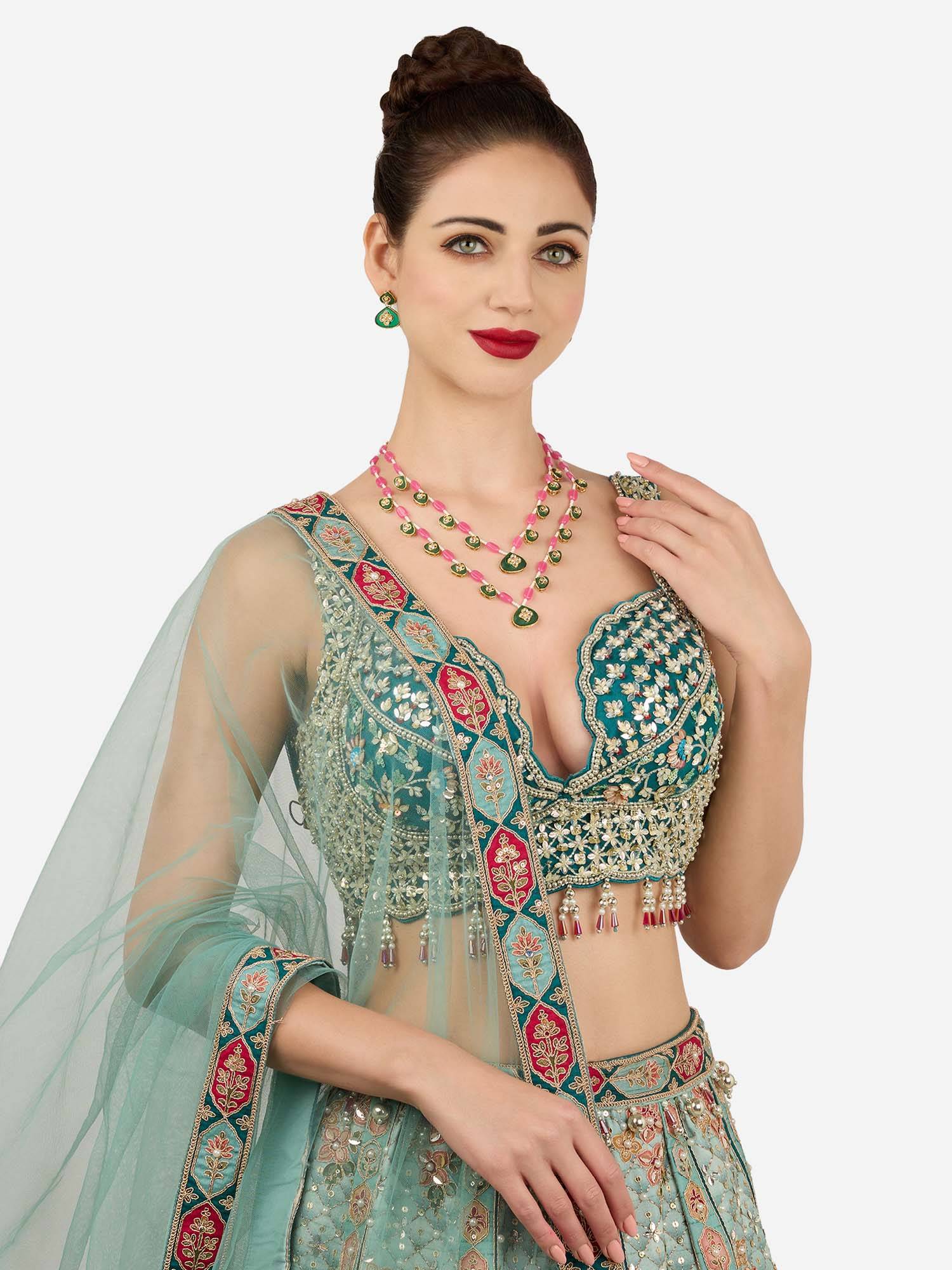Zaveri Pearls Green Stones Pink Beads Layered Necklace And Earring Set-Zpfk22161
