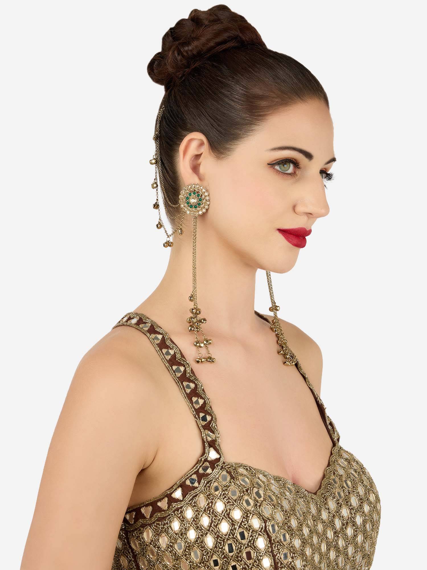Zaveri Pearls Green Stones Kashmiri Ghungroo Ear Chain Dangler Earring-Zpfk22196