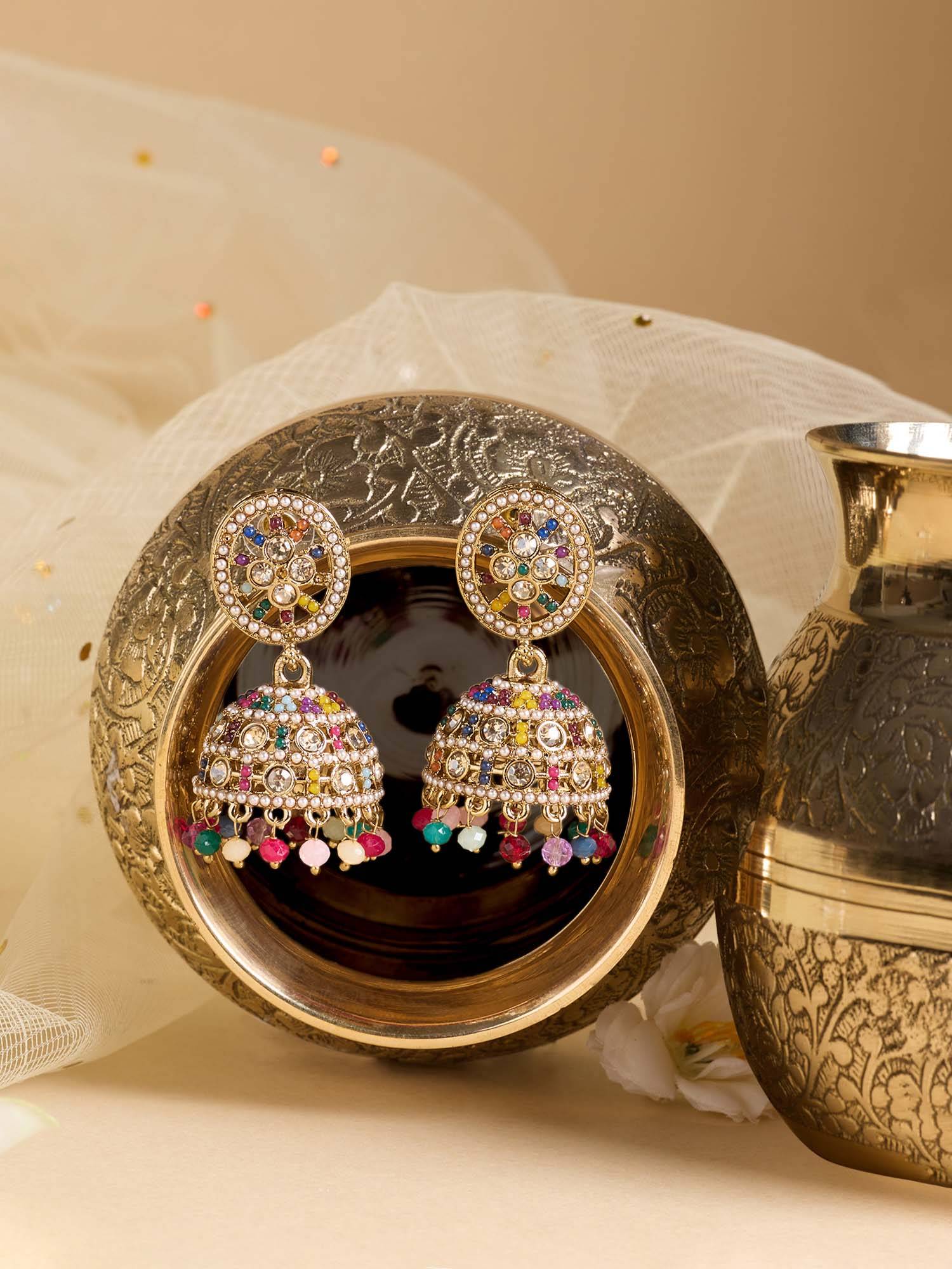 Zaveri Pearls Multicolor Stones Beads Antique Plating Jhumka Earring-Zpfk22213