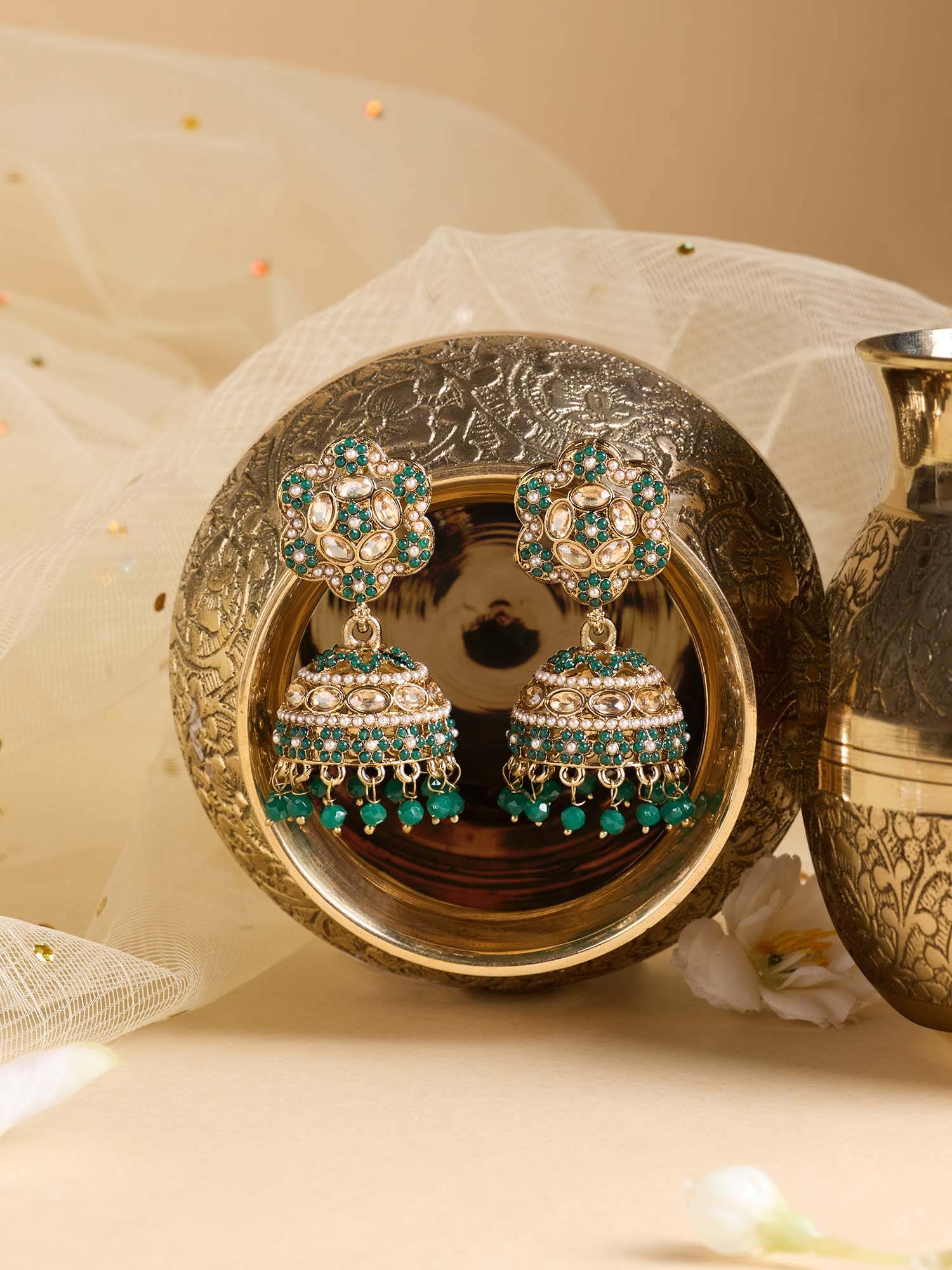 Zaveri Pearls Green Stones Beads Embellished Antique Plating Jhumka Earring-Zpfk22216