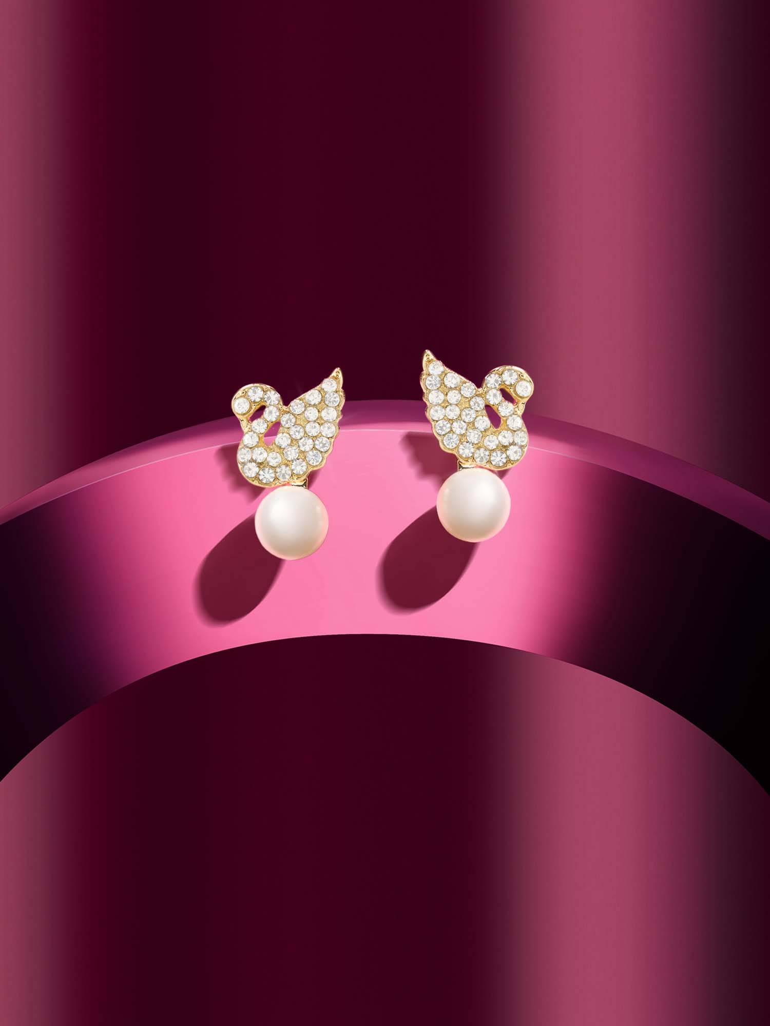 Zaveri Pearls Women Gold Tone Diamonds Swan Pearl Drop Earrings
