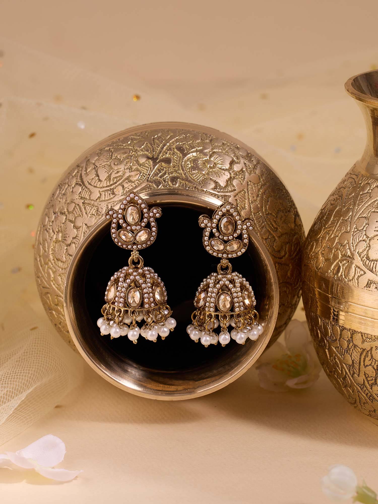 Zaveri Pearls Women Gold Tone Stones Beads Embellished Jhumka Earrings