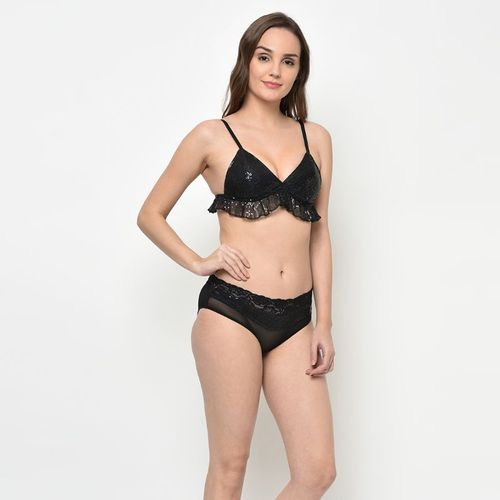 Pretty Sequin Lingerie Set - Black