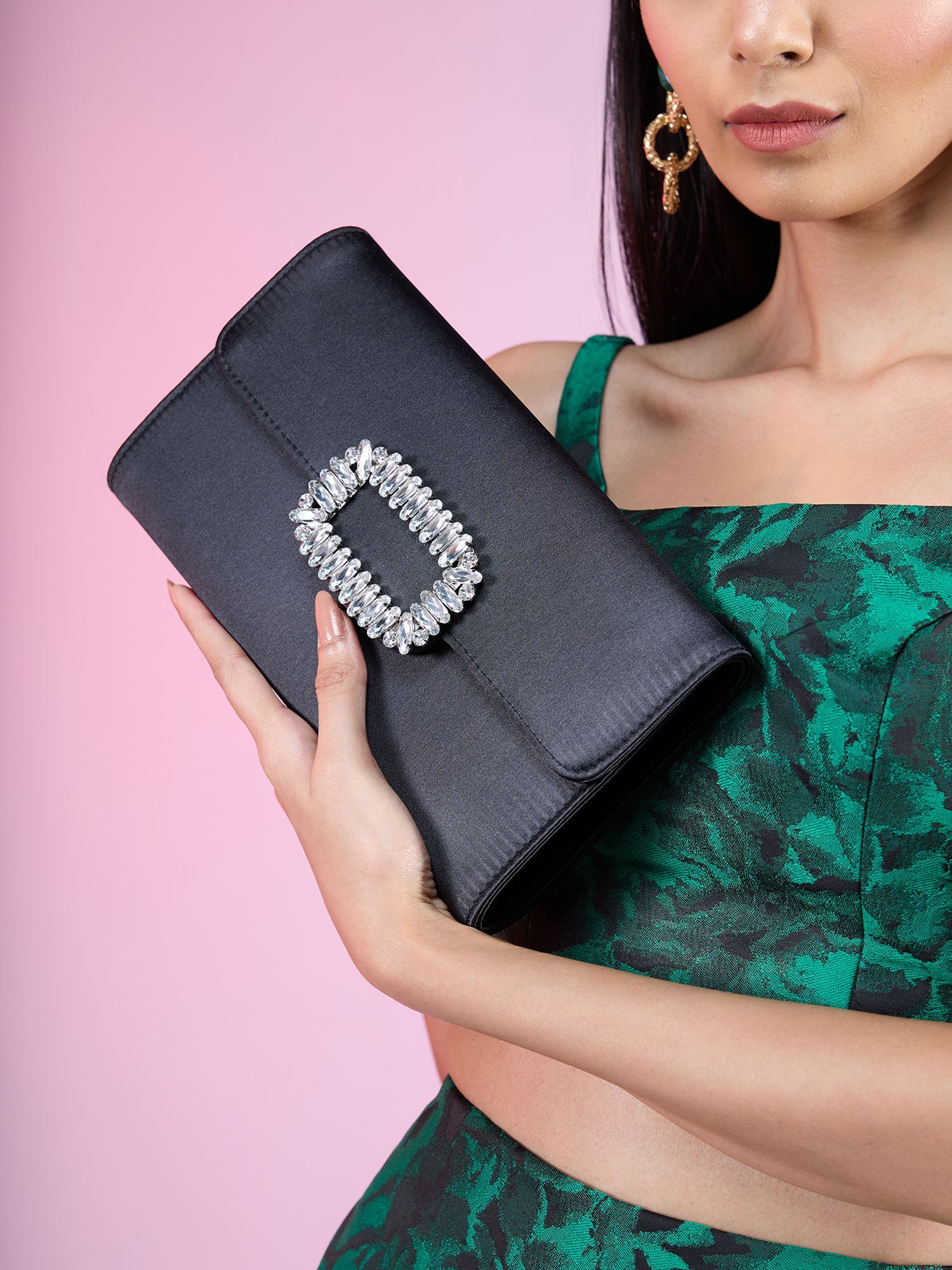 Buy RSVP by Nykaa Fashion Black Rhinestone Buckle Long Clutch Online