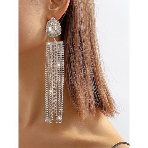 OOMPH Silver White Crystal Tassel Long Drop Earrings for Women