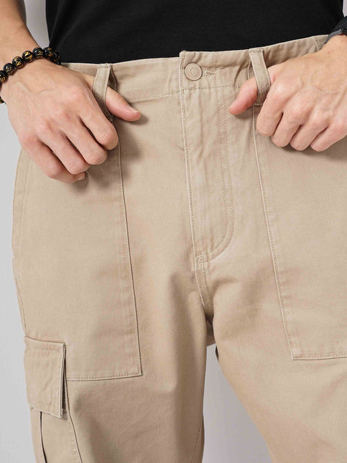 Buy CELIO Men Beige Solid Straight Fit Cotton Cargo Trouser Online - Main Image