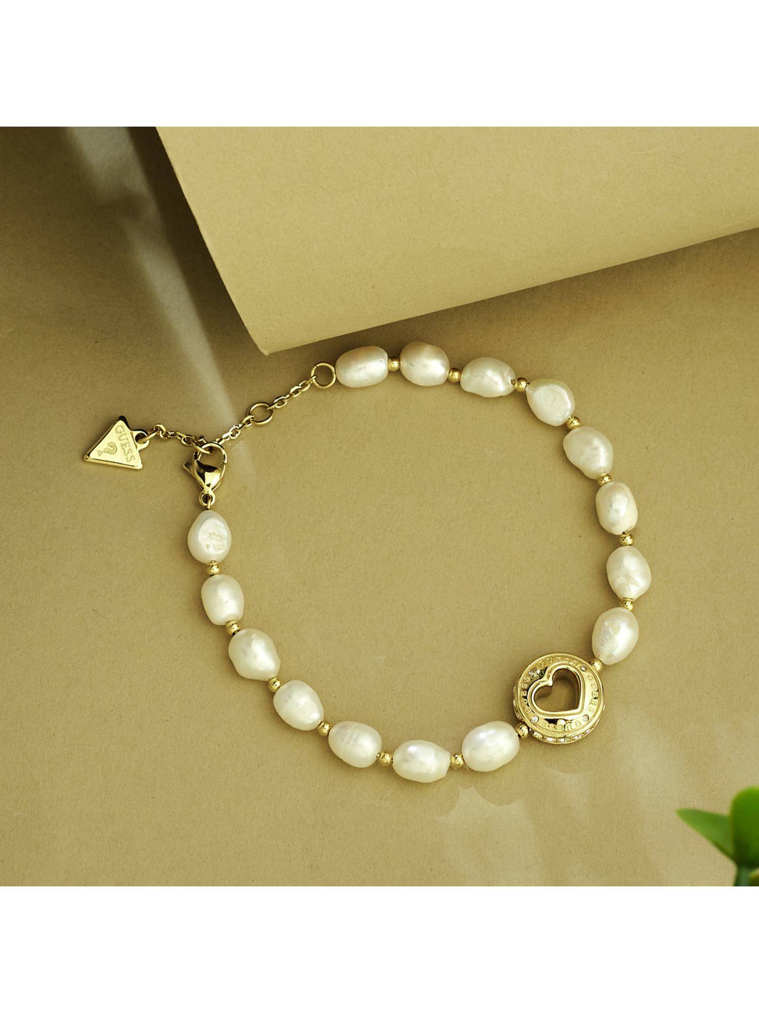 Guess Rolling Hearts Pearl Bracelet For Women, Stainless Steel, Anti-Tarnish, Gold-Plated (L)