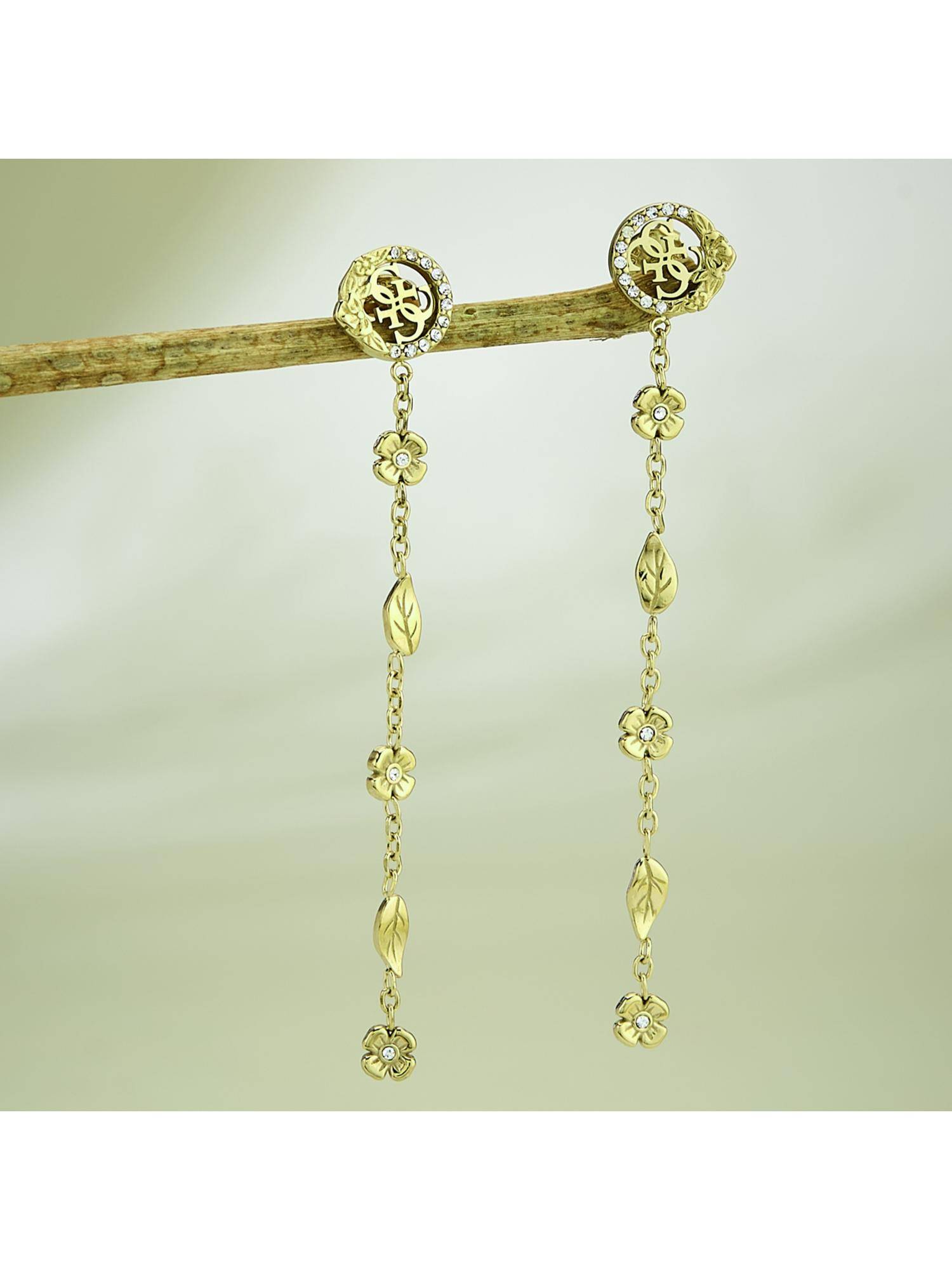 Guess 4 Love Floral Drop Earrings For Women, Stainless Steel, Anti-Tarnish, Gold-Plated