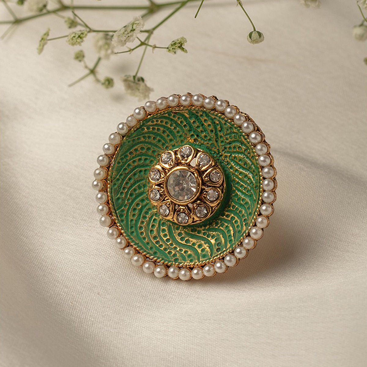 Zaveri Pearls Pastel Green Meenakari Traditional Pearls Adjustable Finger Ring (ZPFK10173)