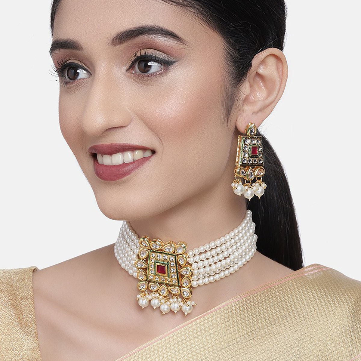 Zaveri Pearls Gold Tone Multistrand Pearls & Kundan Ethnic Choker Necklace & Earring Set (ZPFK10255)