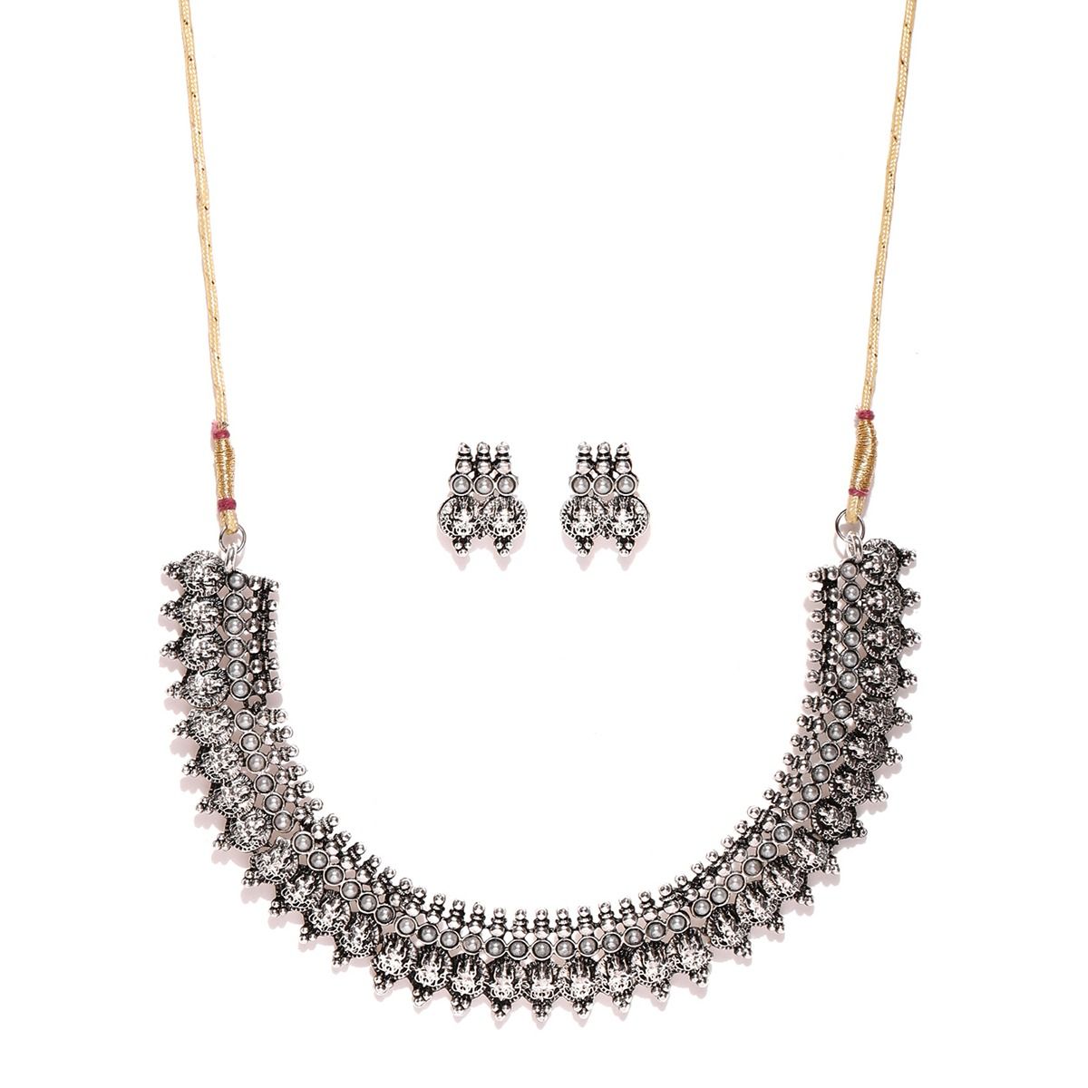 Zaveri Pearls Antique Silver Tone Goddess Temple Necklace And Earring Set