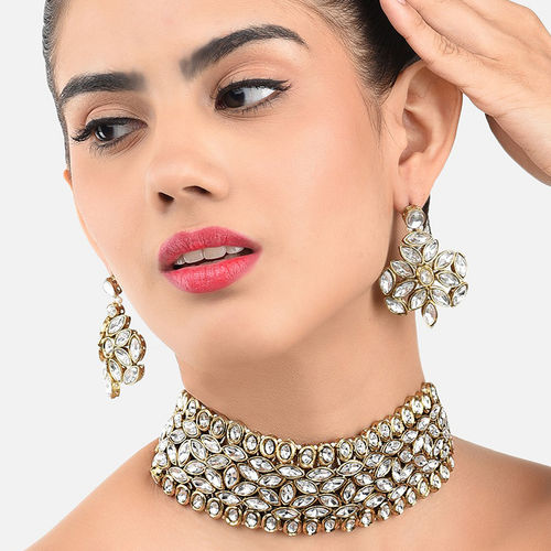 Zaveri Pearls Antique Gold Tone Stones Choker Necklace Earring