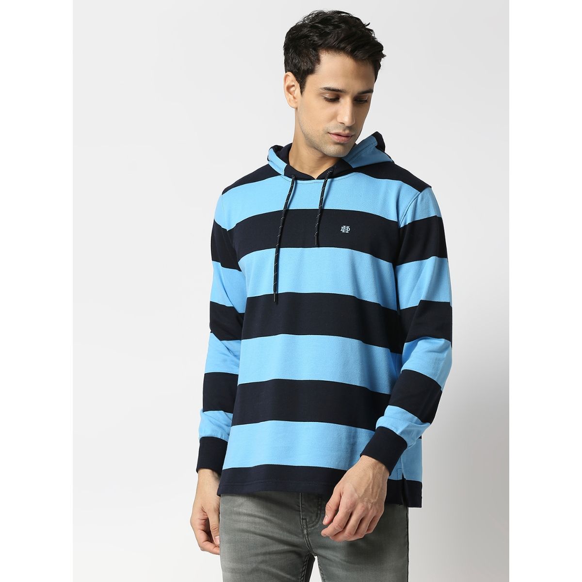 Dragon Hill Full Sleeves Sky Blue Striped Sweatshirt With Hoodie (L)