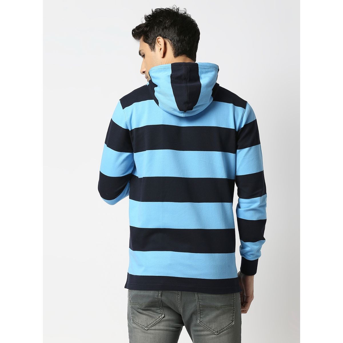 Dragon Hill Full Sleeves Sky Blue Striped Sweatshirt With Hoodie (L)