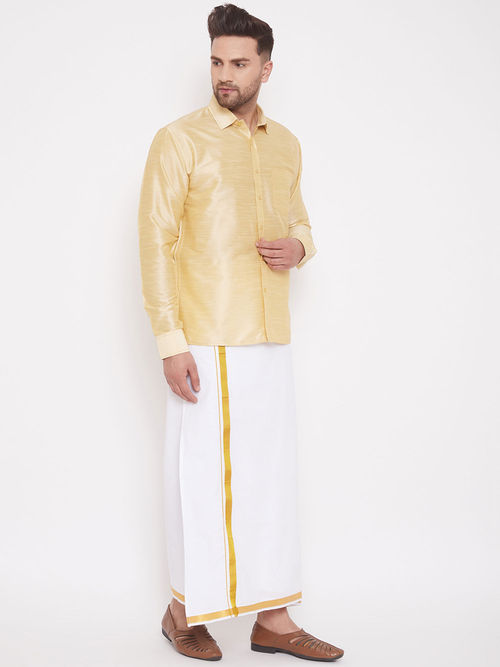 Vastramay Men Gold And White Cotton Silk Shirt And Mundu (Set Of 2) (2XL)