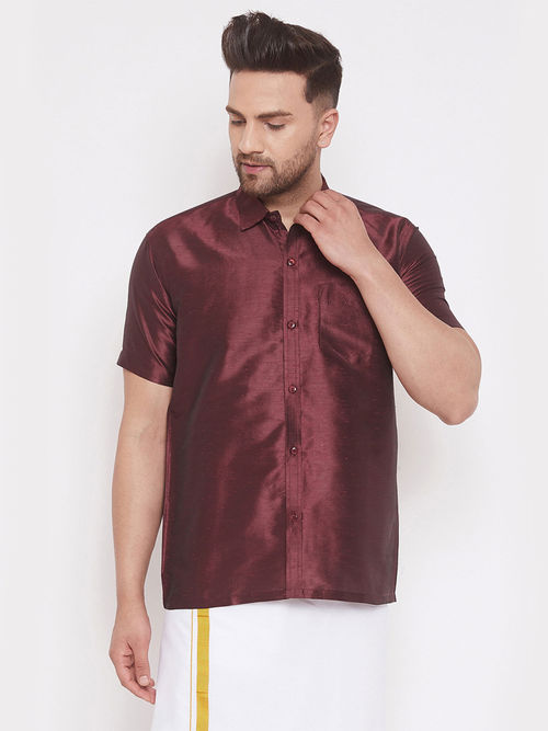 Vastramay Men Burgundy Cotton Silk Ethnic Shirt (S)