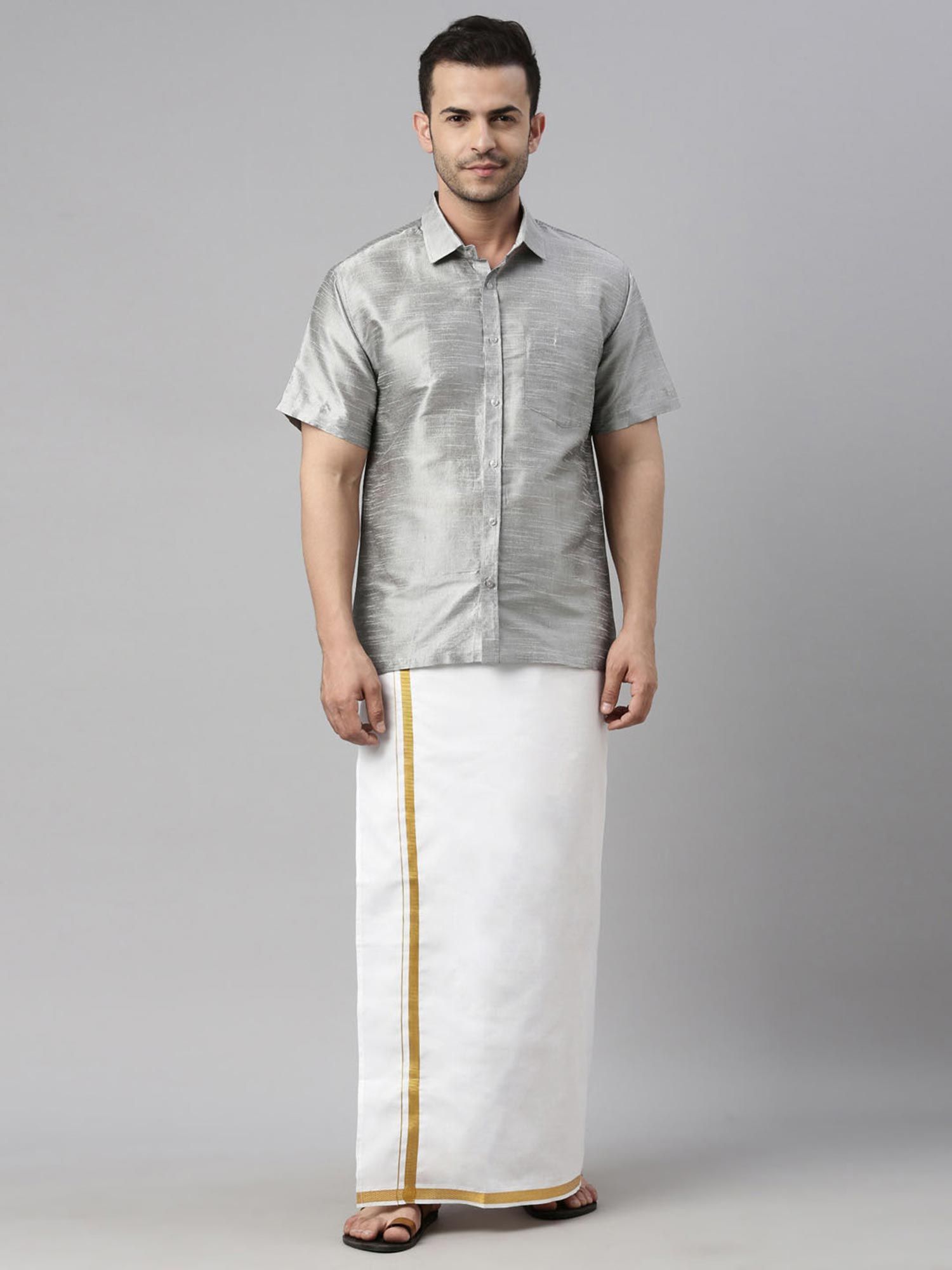 Buy Vastramay Mens Grey & White Silk Blend Shirt with Mundu (Set