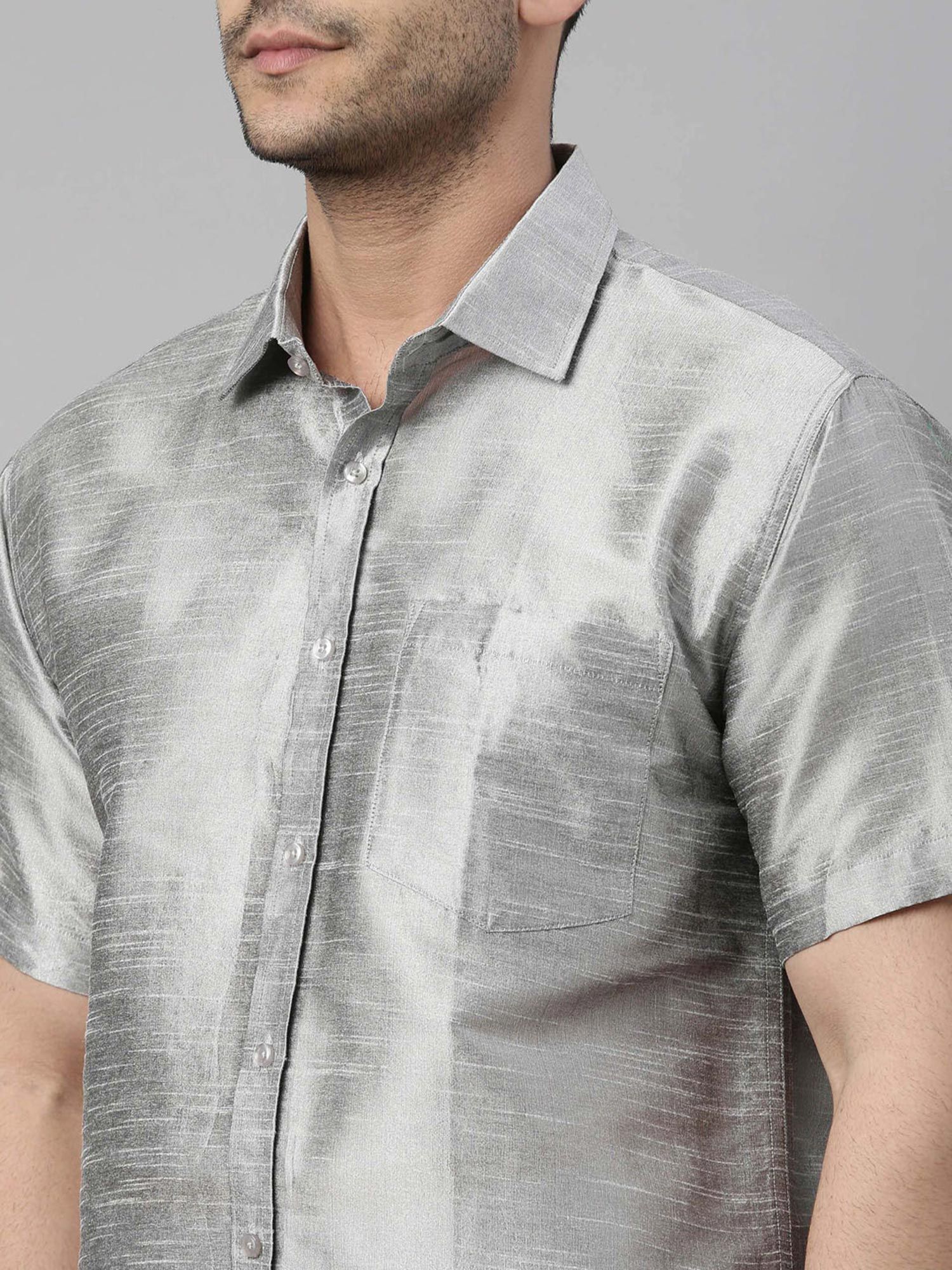 p*i様 【希少】MASU SILK SHIRT 46 グレー Buy Vastramay Mens Grey & White Silk Blend Shirt with Mundu (Set