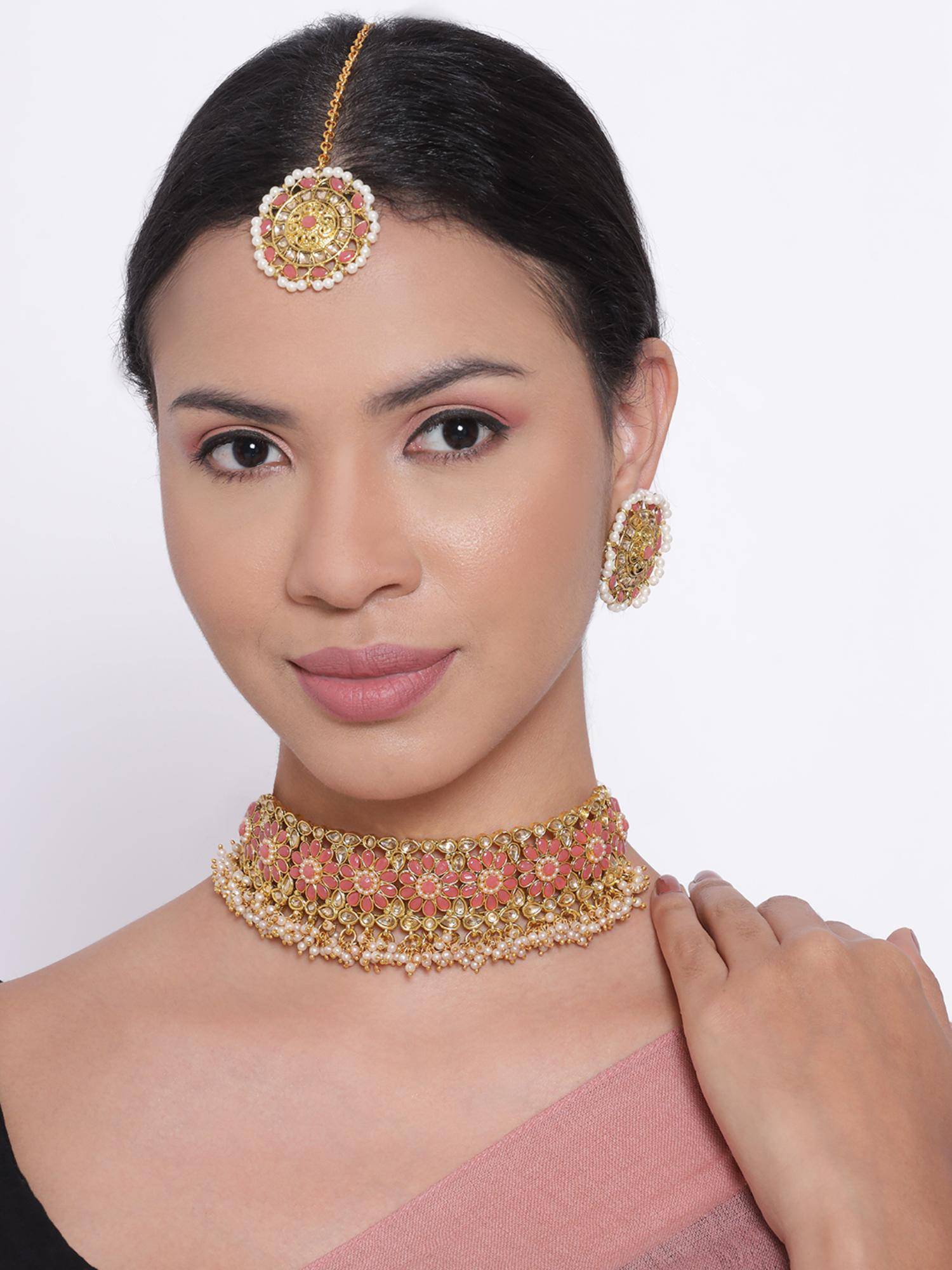 Jazz and Sizzle Pink Brass Necklace With Earrings & Maangtikka