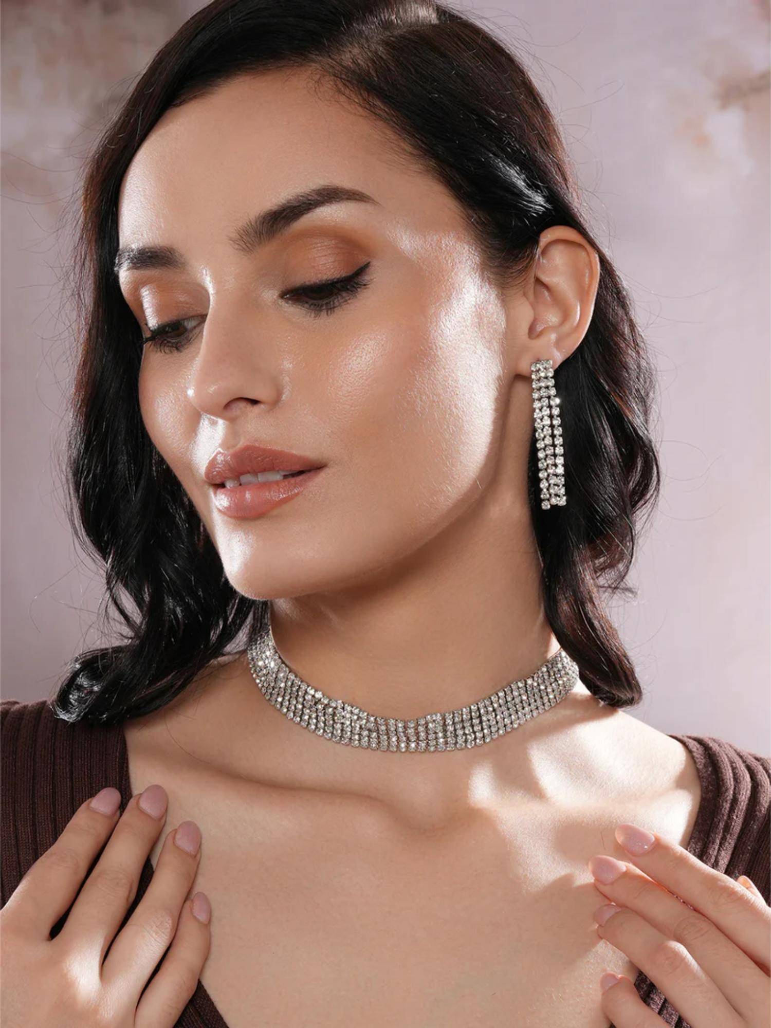 Jazz and Sizzle White Brass White Stones Necklace With Earrings