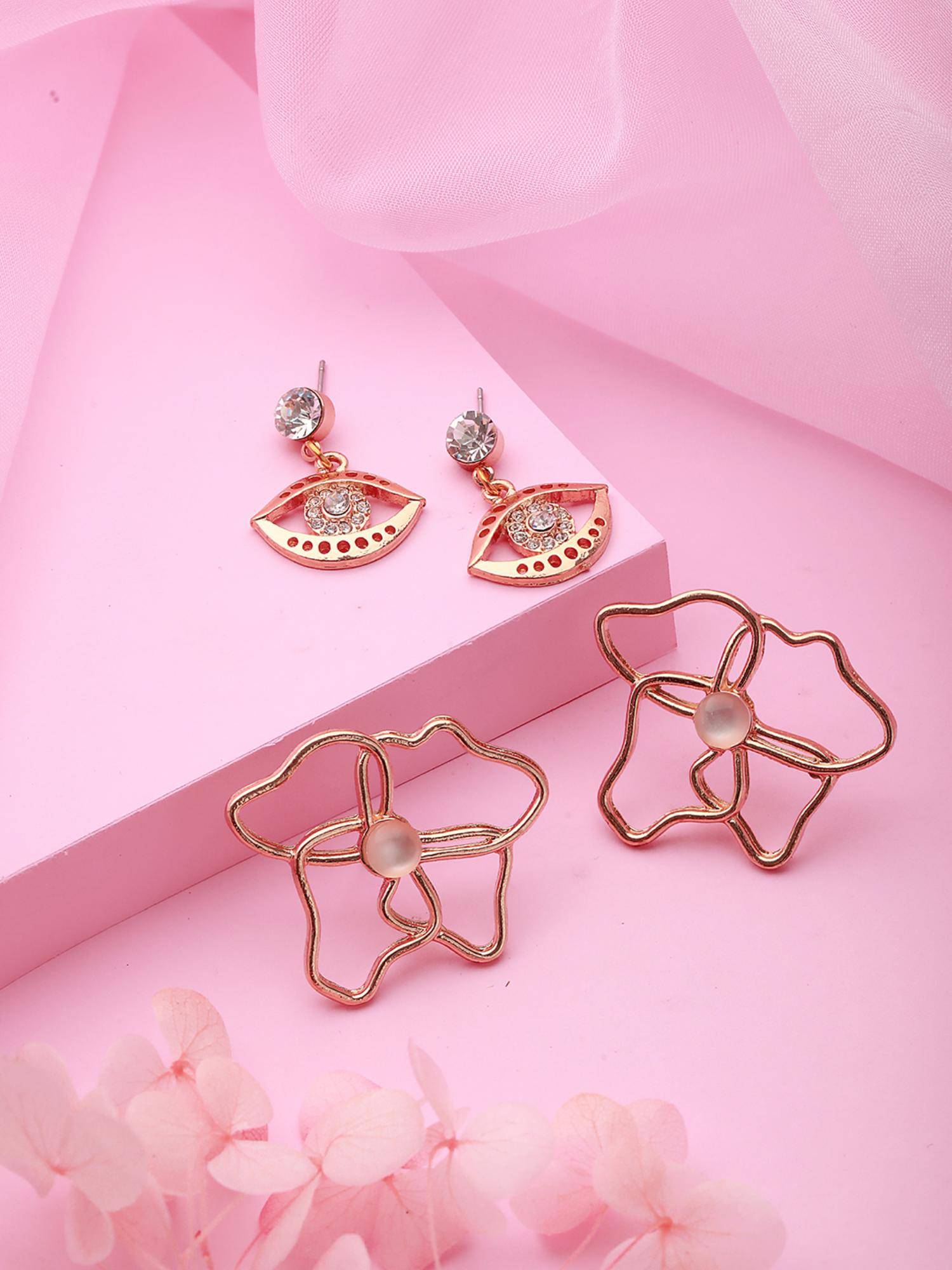 Jazz and Sizzle Rose Gold Brass White Stones Earrings (Pack of 2)