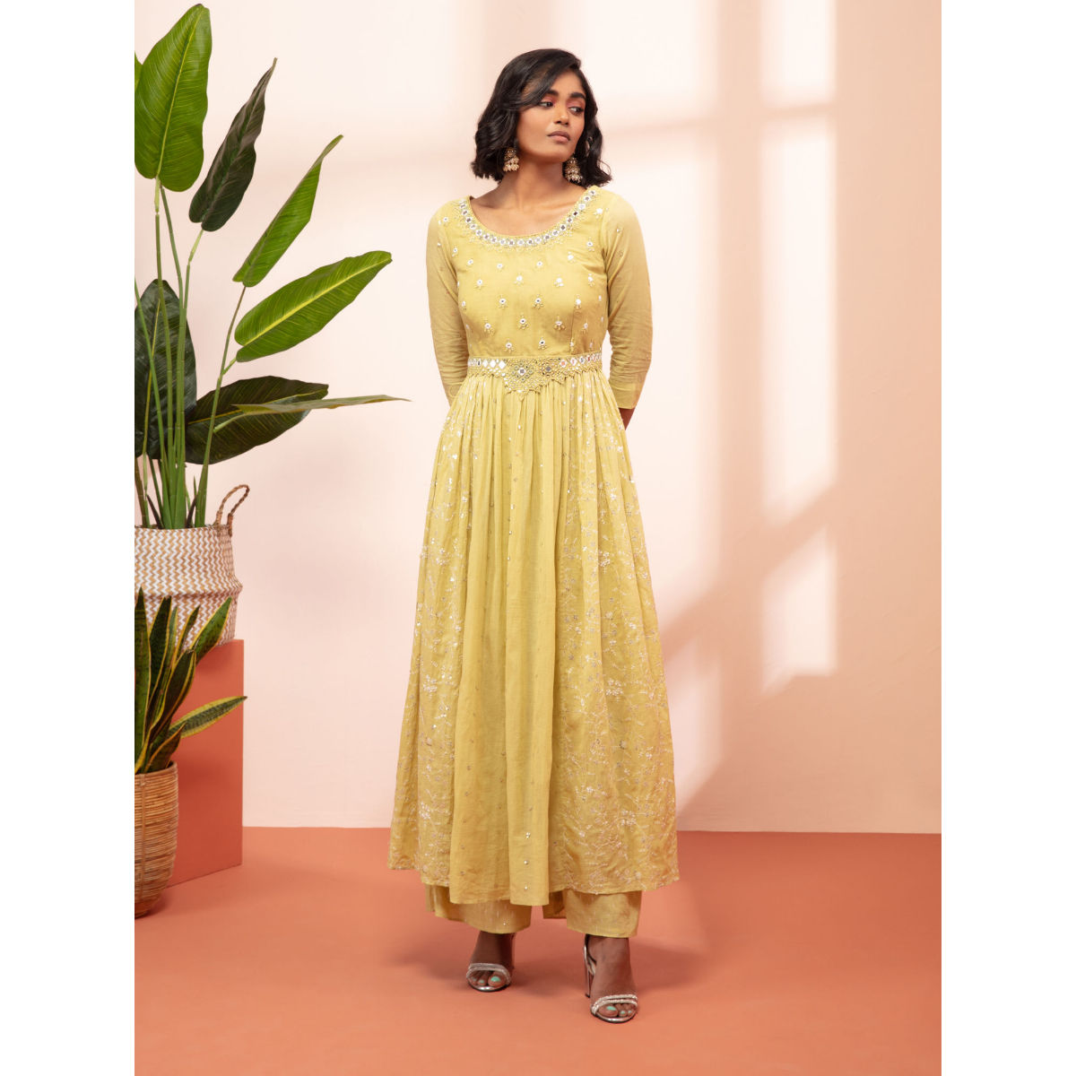 Likha by Nykaa Fashion Filigree Green Mirror Work Kurta, Palazzo