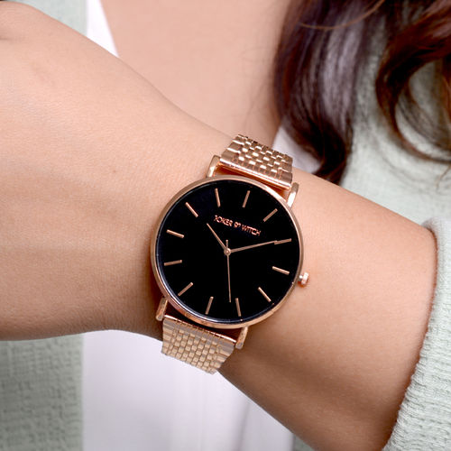 Round Louis Vuitton Rose Gold Black Dial Leather Watch, For