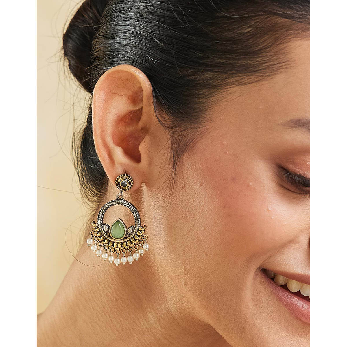 Fabindia Women Brass Green Stone and Pearl Dangler Earrings