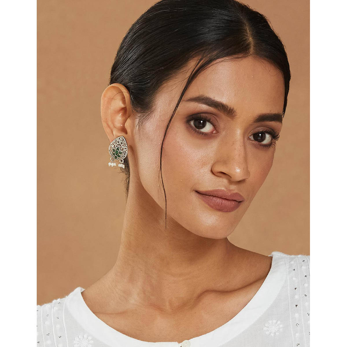Fabindia Women Brass Green Stone Drop Earrings