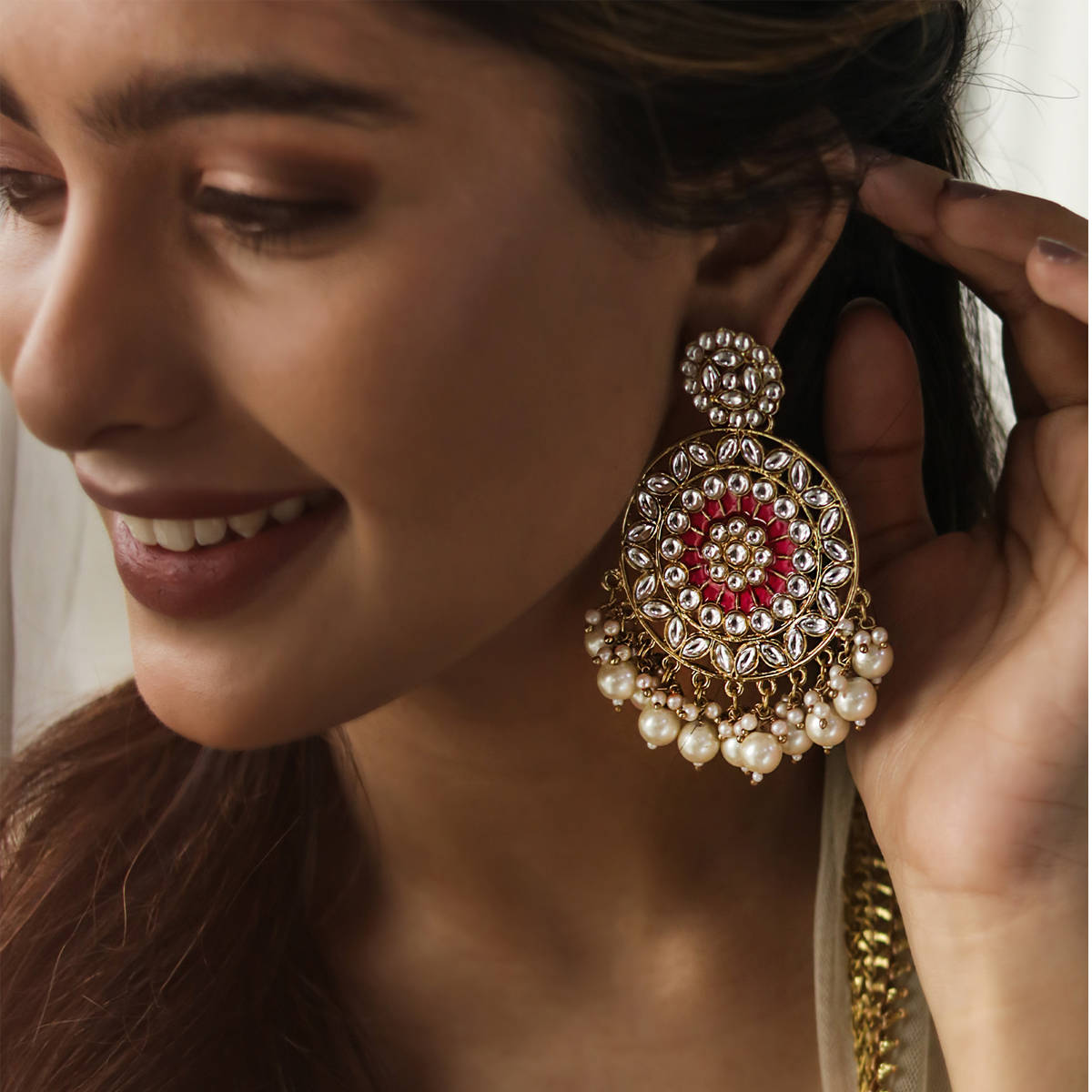 Fida Wedding Ethnic Gold & Fuchsia Enamelled Kundan Drops For Women