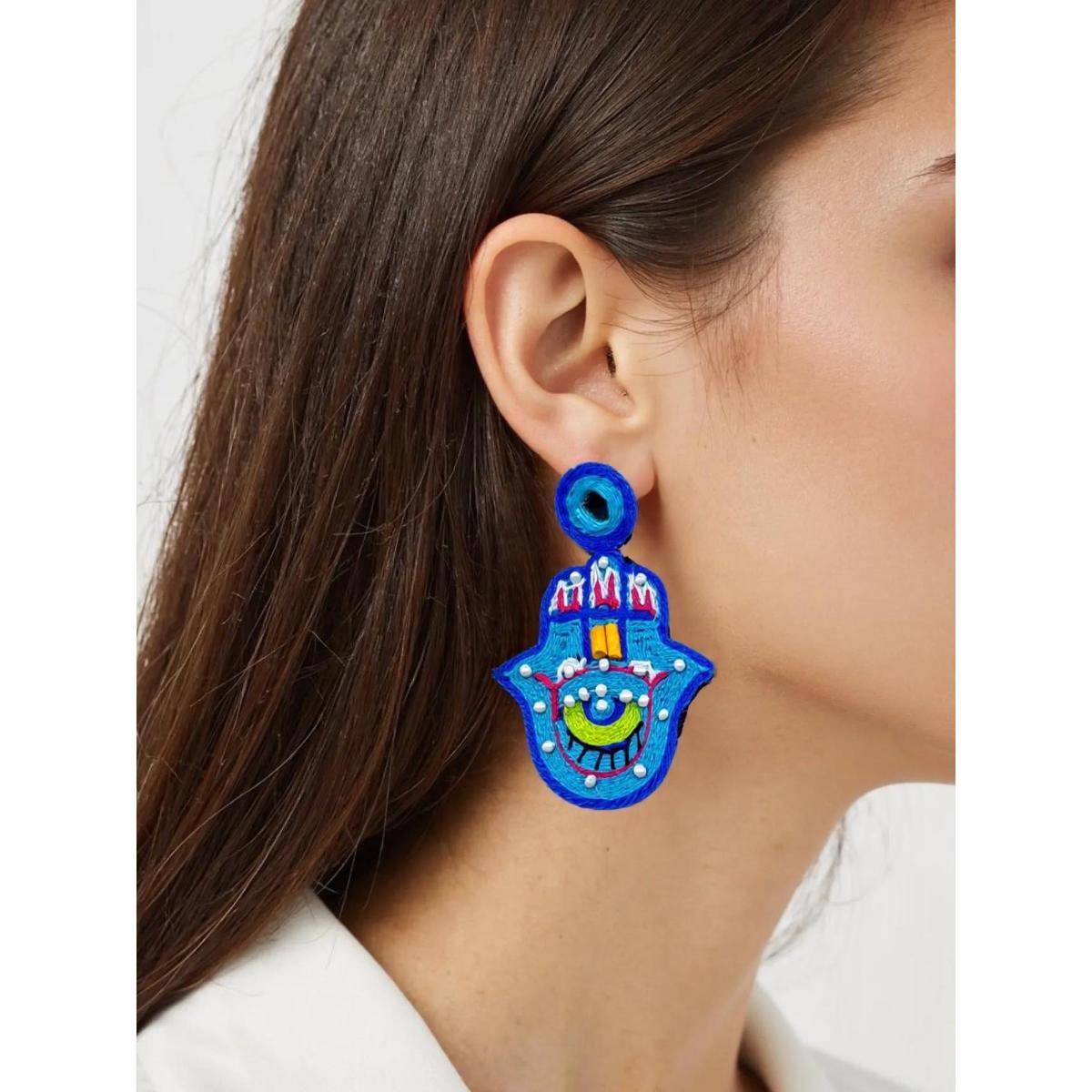Digital Dress Room Colourful Beaded Hamsa Evil Eye Design Drop Earring
