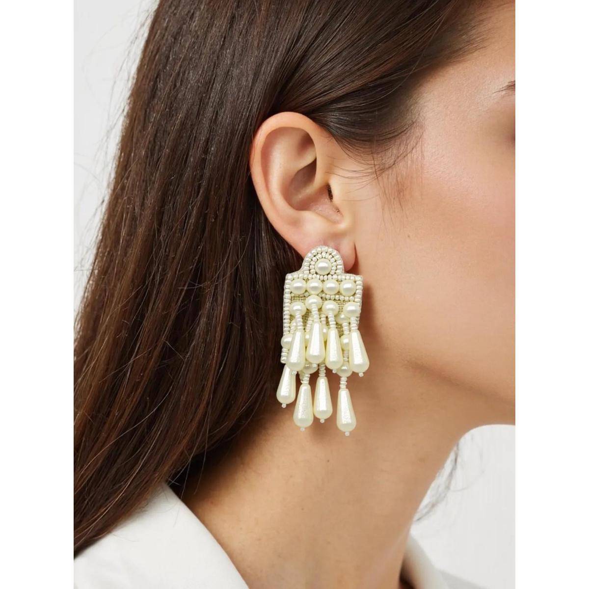 Digital Dress Room White Mini Beaded Abstract Geometric Pearl Design Earring