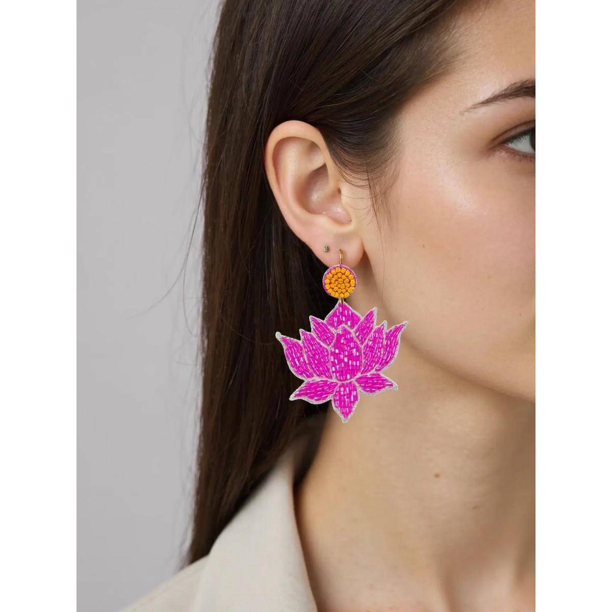 Digital Dress Room Colourful Beaded Lotus Flower Design Dangler Earring
