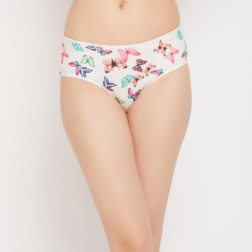 Clovia Mid Waist Butterfly Print Hipster Panty In White - Cotton (S)