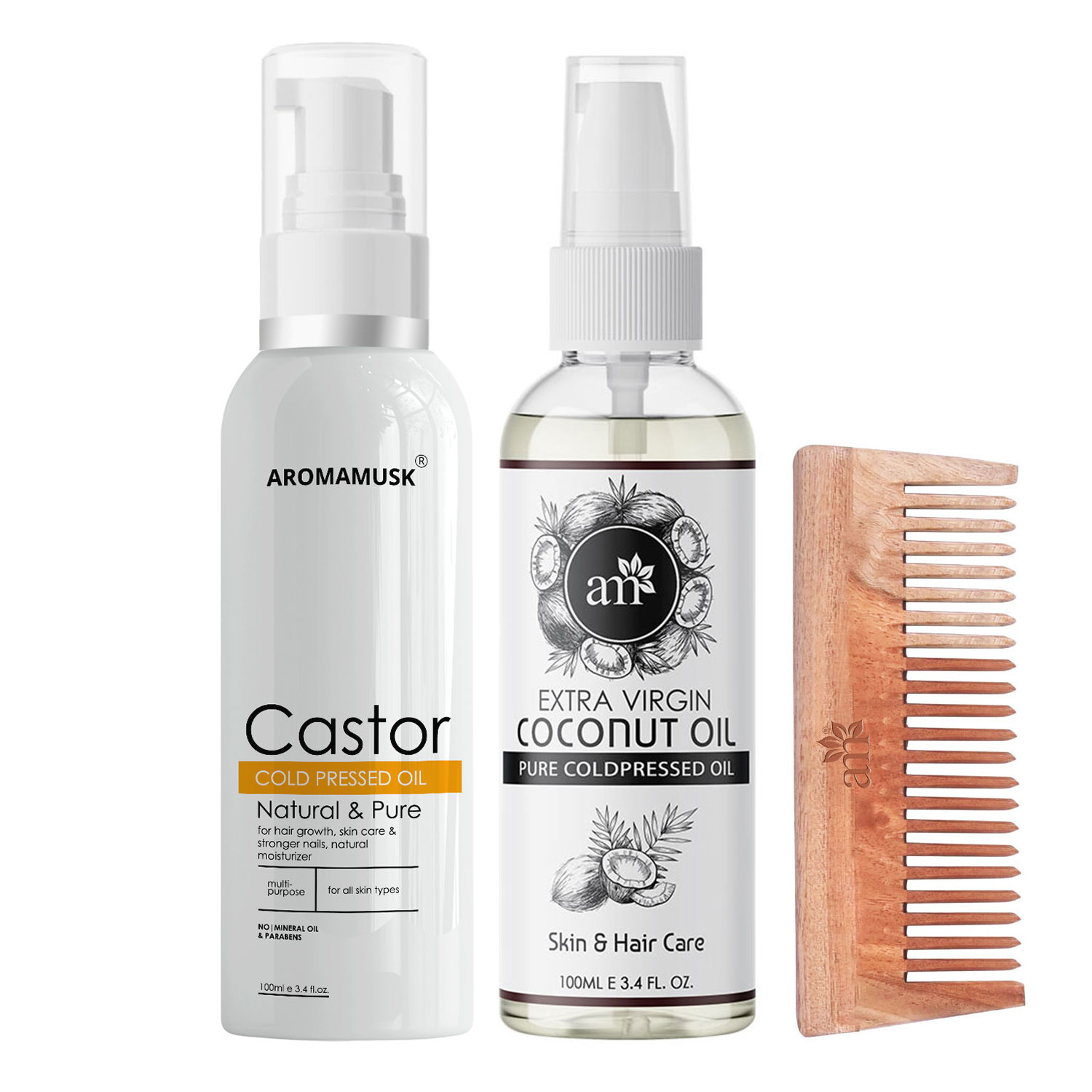 AromaMusk Organic 100% Pure Cold Pressed Castor & Coconut Oil with Wide Tooth Neem Wood Comb