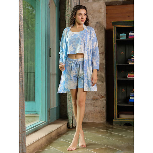 SAY Blue Printed Top with Shorts Shrug (Set of 3) (S)