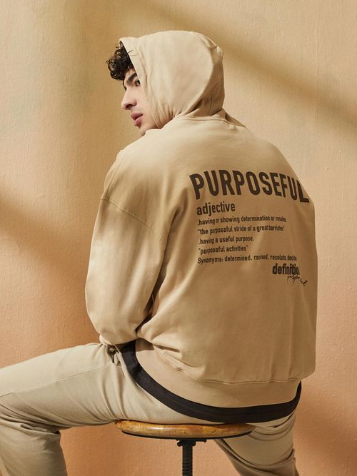 Buy Styli Men Beige Typography Fleece Oversized Fit Hoodie Online
