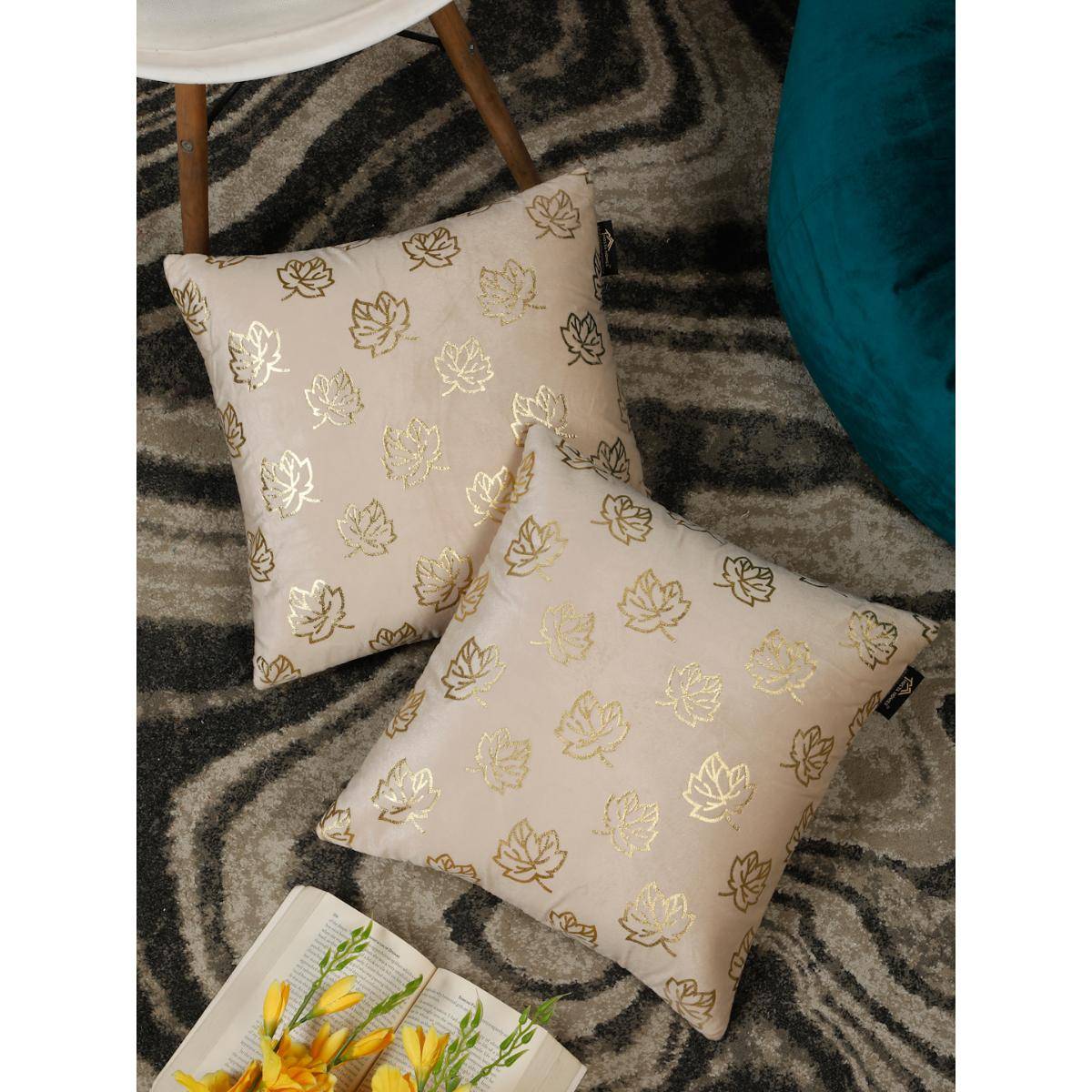 HOSTA HOMES Foil Printed Soft Velvet Cushion Covers Cream (16 x 16 inches)