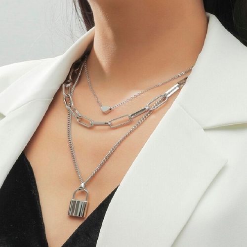 OOMPH Silver Tone Link Chain Heart & Lock Multi Layer Necklace