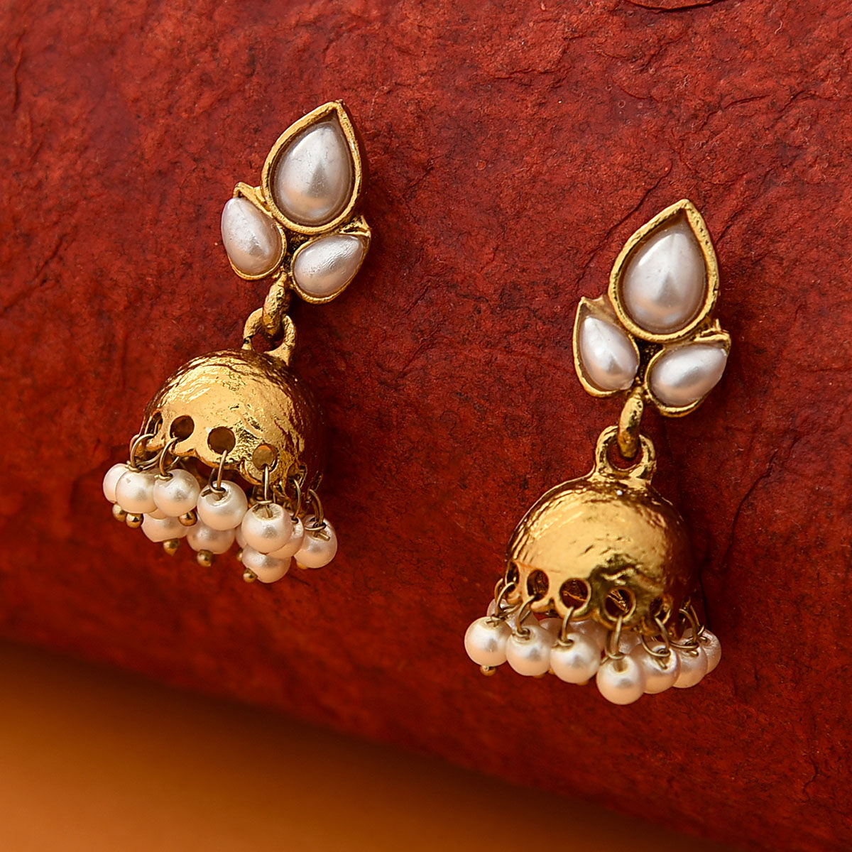 Fida Wedding Ethnic White Club Shaped Small Jhumka Earrings With White Pearl Drops