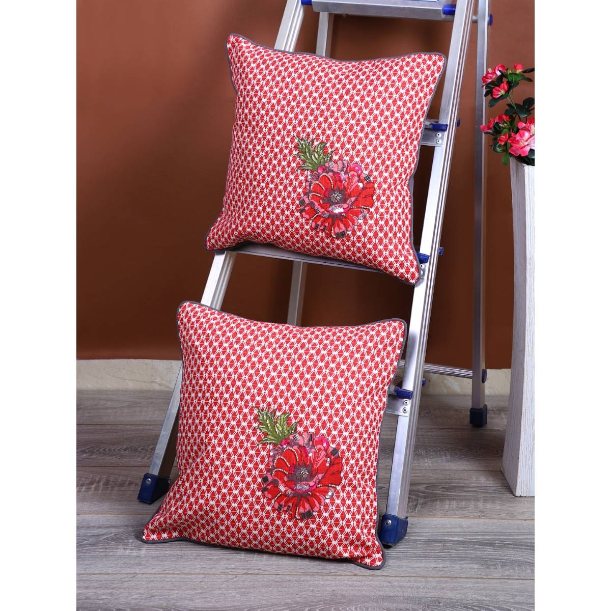eyda Corner Boota Pink Color Designer Cushion Cover Set Of 2-16X16 Inch